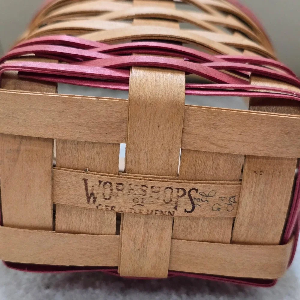 Workshops of Gerald‎ E Henn Handwoven Wood Basket Red Trim Small Accent Vintage